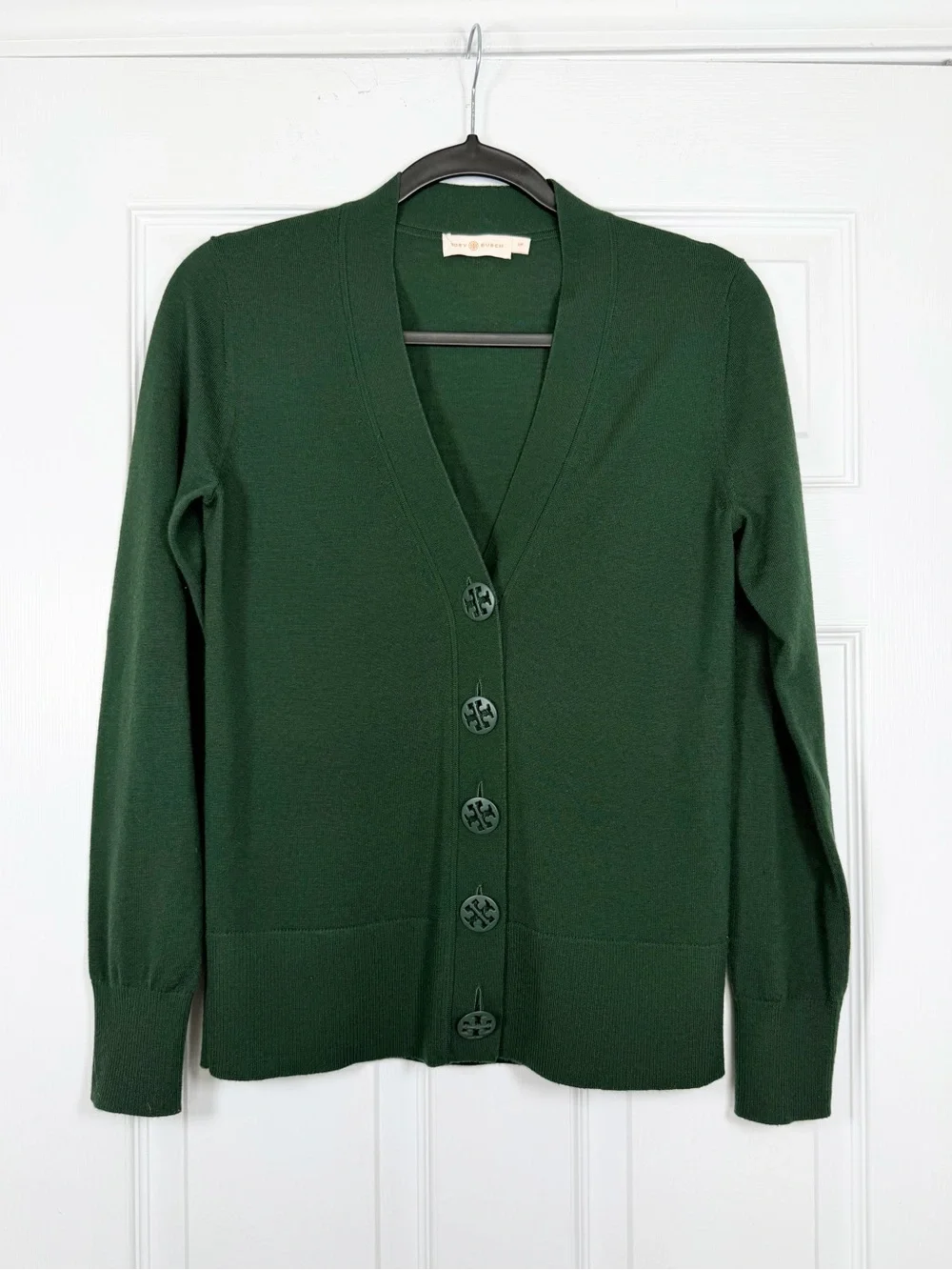 Tory Burch Size S • Cardigan Green Gold Logo Button V-Neck Sweater Jumper.